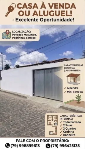 Vende-se ou aluga casa no povoado mutumbo, pedrinhas Sergipe!