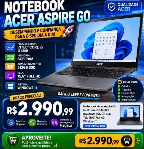 Notebook Acer Aspire Go Intel Core i5 13420H 8GB RAM | 512GB SSD Tela 15,6" Full HD