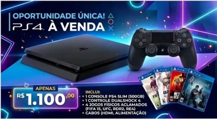 Playstation 4 500gb - PS4 - C/ 1 controle + 4 jogos