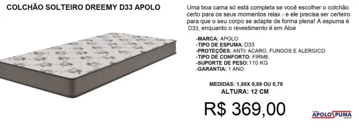 Colchão solteiro espuma d33 apolo - parcelamos até 12X sem juros!