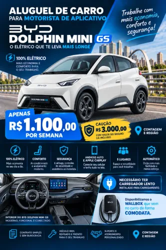 Alugue BYD Dolphin Mini GS 2027 - Motorista de Aplicativo - Locação R$ 1.100/semana