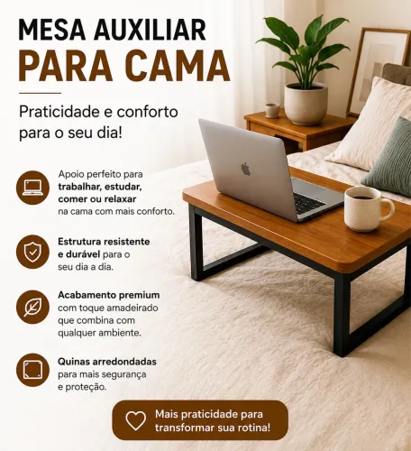 Mesa auxiliar para cama - 100% MDF Estrutura reforçada