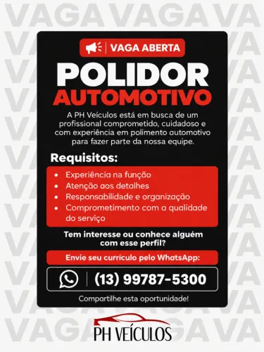 VAGA ABERTA: POLIDOR AUTOMOTIVO | PH VEÍCULOS