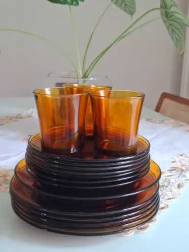 Conjunto duralex âmbar vintage - 16 peças