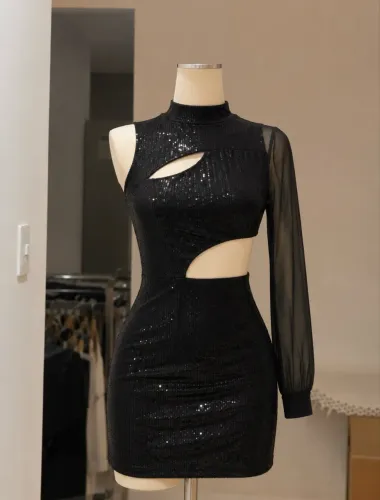 Vestido Curto Preto de Paetê com Recortes e Manga Única
