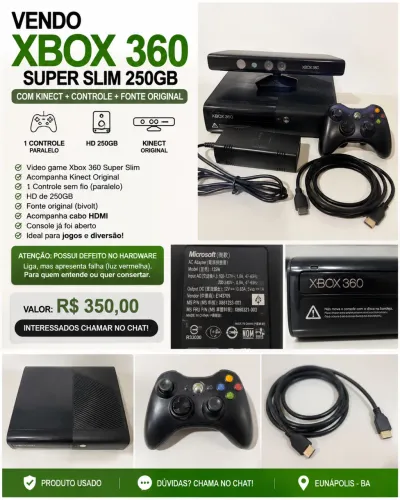 Xbox 360 Super Slim 250GB Completo com Kinect e Fonte Original