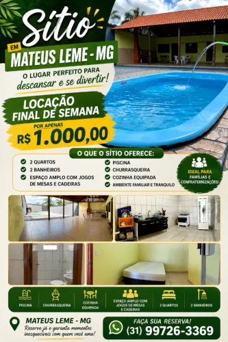 Sítio / Espaço locação diarias, FDS em Mateus Leme - MG