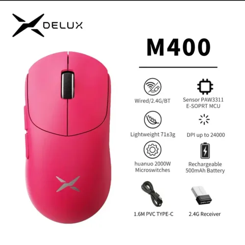 Mouse DELUX M400 "PINK" - PAW3311, 24000 DPI, Dual-Mode, 1000Hz