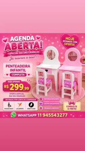 Penteadeira infantil completa com espelho de verdade e cento com lacinhos