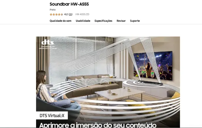Soundbar samsung HW-A555 com 2.1 canais, DTS Virtual:X + Subwoofer sem fio 410W