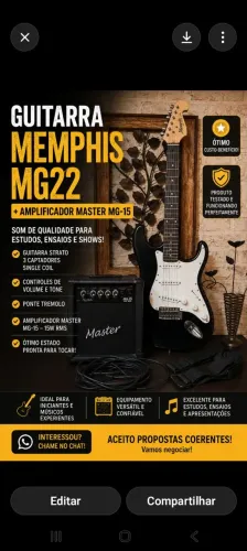 GUITARRA MEMPHIS MG22, CABO CORREIA E CAPA + AMPLIFICADOR MASTER MG15