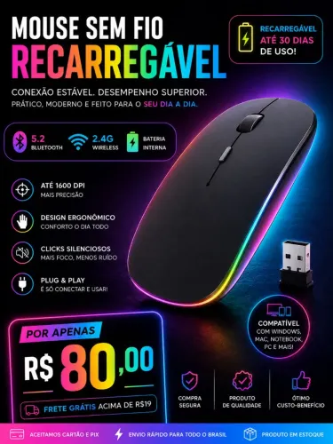 Mouse Sem Fio Recarregável Bluetooth + USB 2.4G | Silencioso | R$ 80,00