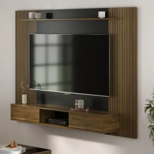 Painel de TV até 75 Polegadas Novo Nevada Preto com Madeirado + Pronta Entrega + Brinde