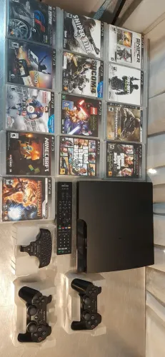 Kit Ps3 Slim Original 2 Controles Teclado Controle Remoto + 13 jogos