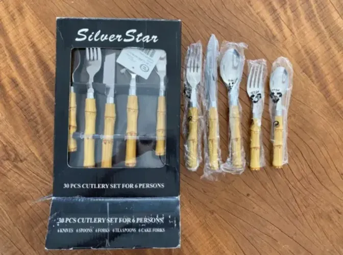 Faqueiro Novo com 30 Peças Cecília Dale Aço Inox e Bambu Garfos Facas Colheres Silver Star