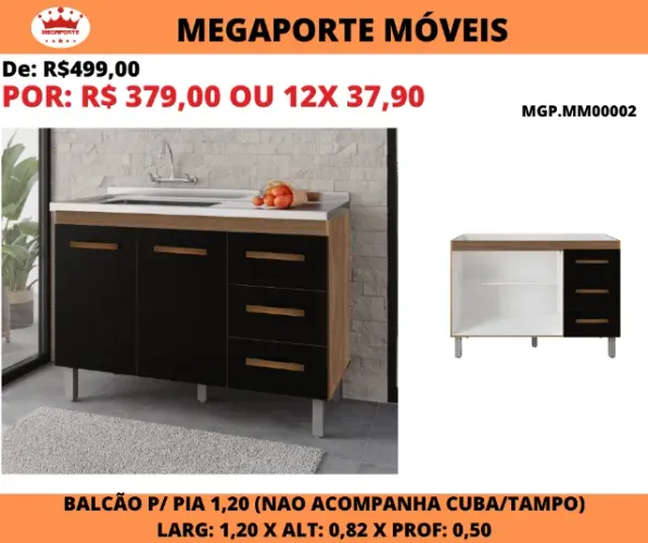 Balcão 1,20 de Pia Moblis 2P 3G
