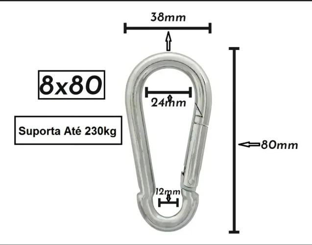 mosquetão cor cromado 8cm suporta 230kg academia profissional