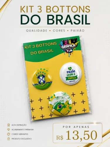 kit com 3 Bottons - broche com o tema do Brasil