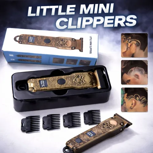 Máquina de Acabamento Mini Clipper Profissional Recarregável USB Display Caveira + 4 Pente