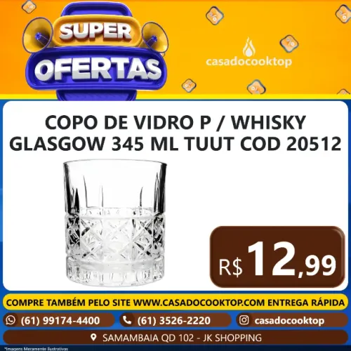 COPO DE VIDRO P/WHISKY GLASGOW 345 ML TUUT COD 20512 