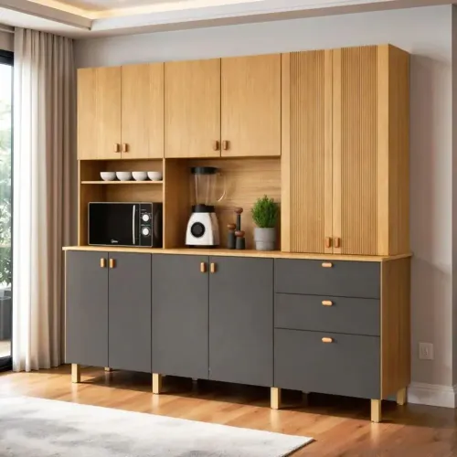 Armário para Cozinha Completa 10 Portas 3 Gavetas Onix Cinamomo / Grafite<br>