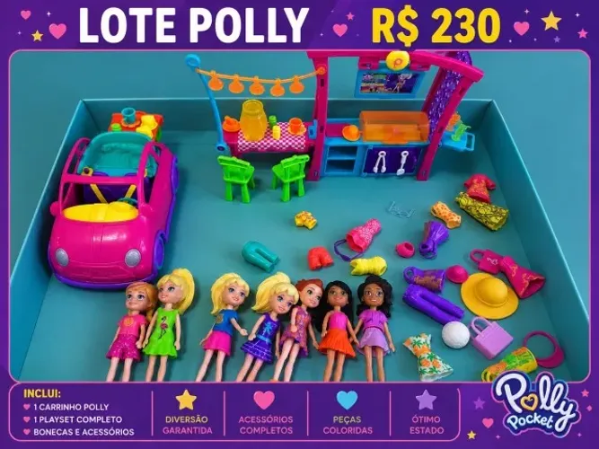 LOTE POLLY POCKET CARRO, CHURRASQUEIRA E BONEAS OM ACESSÓRIOS 