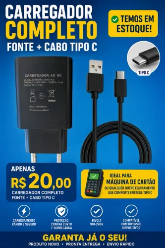 Carregador Completo Tipo C | Fonte + Cabo USB-C | Novo