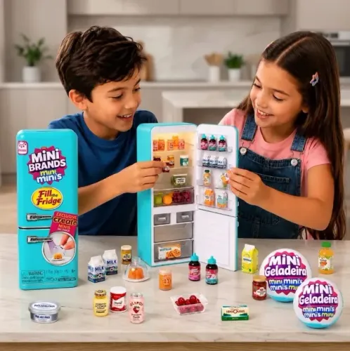Brinquedo Mini Geladeira ZURU Mini Brands Mini Minis Fill The Fridge com Luz LED/UV