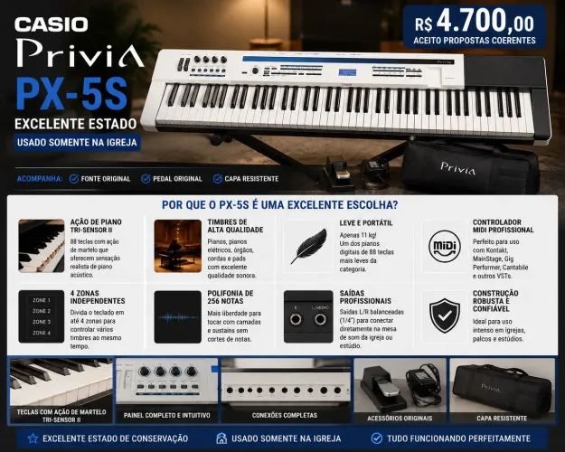 Casio Privia PX-5S | Excelente Estado | Fonte, Pedal e Capa