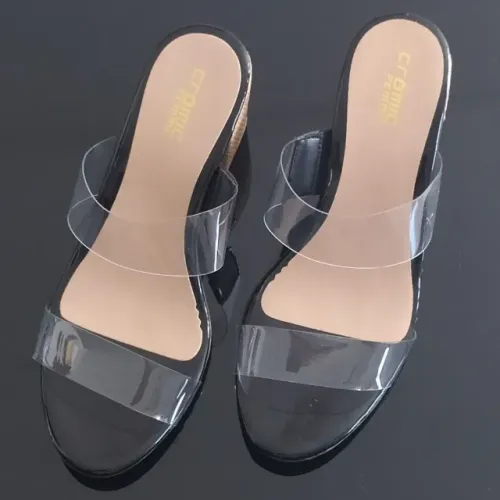 Tamanco Feminino Salto Grosso Com Tiras Vinil Transparentes