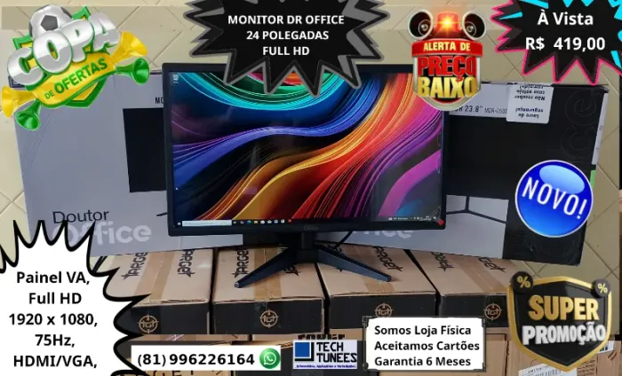 Monitor Office 24 Polegadas - HDMI e VGA - Full HD 1920 x 1080-(Novo com Garantia)