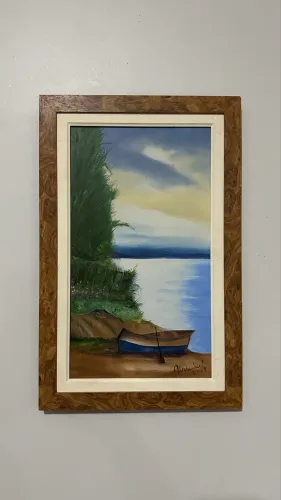 Quadro óleo sobre duratex paisagem com barco