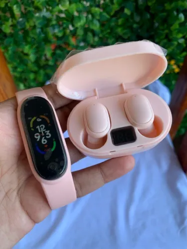 Fone de ouvido TWS e Smartband Rosa