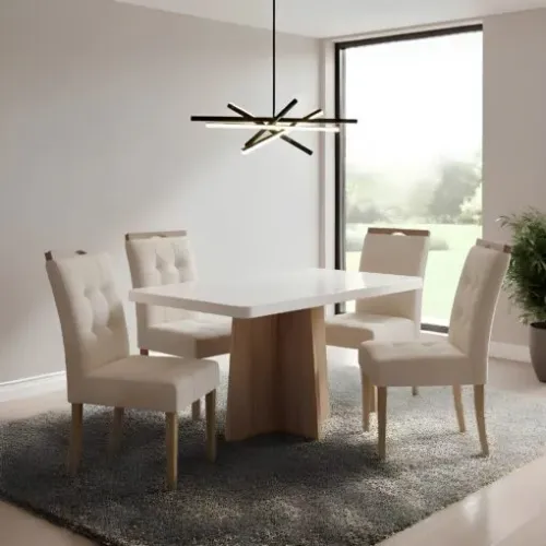 Mesa Jade 120 (Tampo 40 mm) Cinamomo/Off White com 4 Cadeiras Sophia Linho Bege 200 - VALD