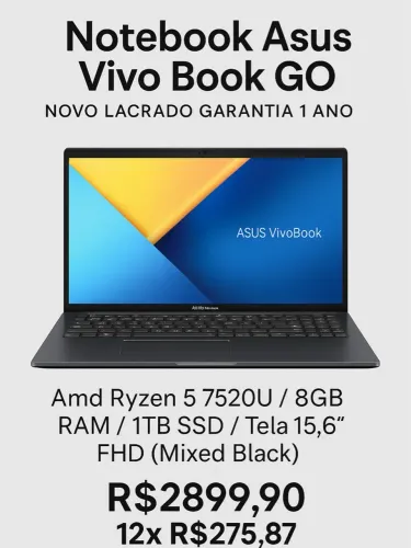 Notebook Asus VivoBook GO AMD Ryzen 5 7520U NOVO LACRADO