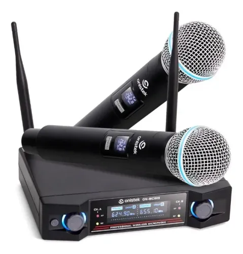 Kit Microfone Sem Fio Profissional Onistek ON-MC809 UHF - Duplo Mão