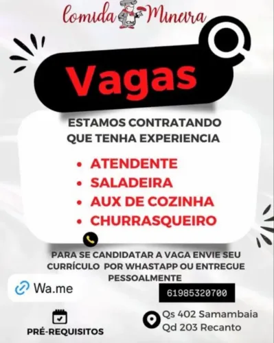 Restaurante em Samambaia e Recanto das Emas com vagas