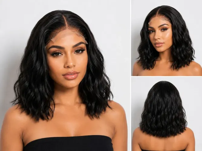 N Peruca Ondulada Curta Lace Front Preta Natural - Elegância e Beleza Instantânea! ?
