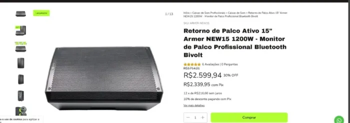 Retorno de Palco Ativo 15" Armer NEW15 1200W - Monitor de Palco Profissional Bluetooth Biv