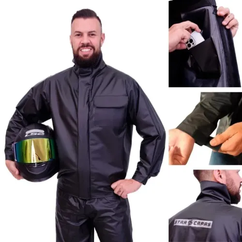 Conjunto Capa De Chuva Moto Emborrachada Impermeável Com Gola Flex