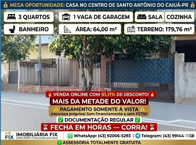 ? MAIS DA METADE! 3 QUARTOS + GARAGEM POR R$ 68 MIL! FECHA HOJE! ? Centro · Santo Antônio