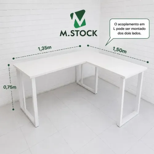 mesa branca em L com pé de ferro 