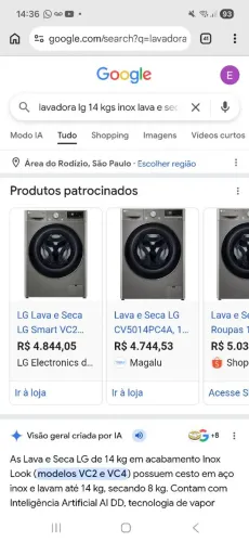 Lava e Seca Inox LG 14kgs 127v Líquida