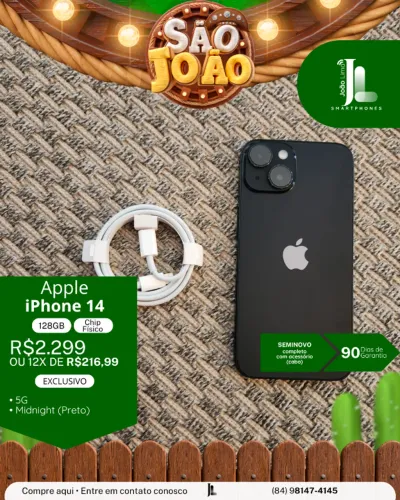 IPHONE 14, 5G, 128GB, CHIP FÍSICO, PRETO, SEMINOVO , EXCLUSIVO!