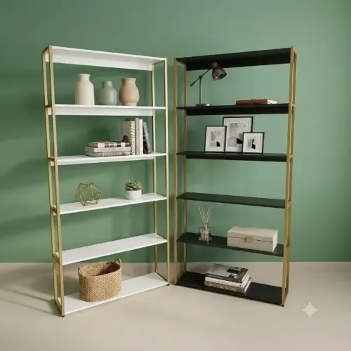 estante estilo industrial com pés dourados para livros