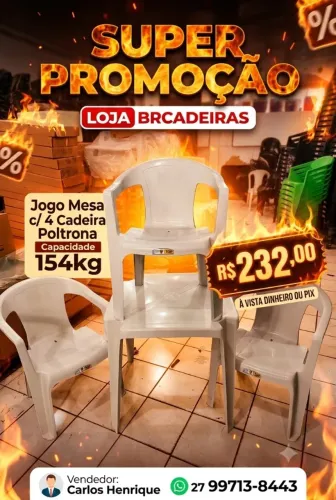 Mesa Plástico 70x70 c/ 4 cadeira Poltrona 154kg