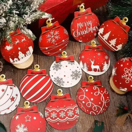 conjunto de enfeites - formato bola de natal de madeira - novo - original