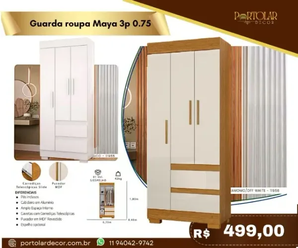Guarda roupa Maia 3p 0.75, a pronta entrega