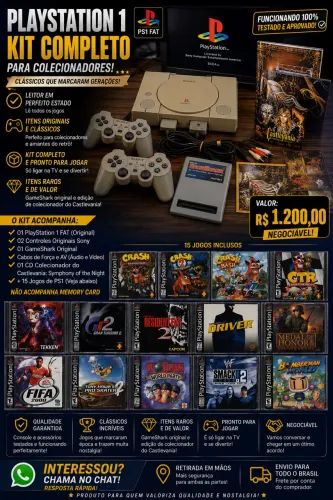 PlayStation 1 FAT + GameShark + Castlevania Colecionador + 15 Jogos