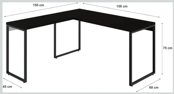Mesa de Escritório em L Estilo Industrial - Preto Ônix/Est.Preta